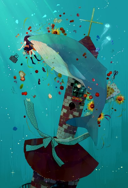 Anime picture 1700x2500 with original shio oto long hair tall image highres purple hair underwater girl flower (flowers) bow water socks black socks building (buildings) school bag scissors jellyfish whale