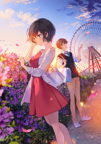 Anime picture 1143x1622 with shitashii kimi to no mishiranu kioku tiv tall image fringe short hair black hair hair between eyes brown hair standing looking away sky cloud (clouds) outdoors long sleeves arm up wind black eyes sunlight blurry open clothes