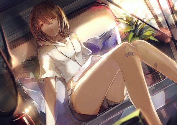 Anime picture 1000x707 with original vima single looking at viewer short hair brown hair sitting brown eyes sunlight girl plant (plants) shorts headphones pillow book (books) bandaid blouse swing