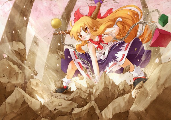 Anime picture 1478x1043 with touhou ibuki suika arinu single long hair blonde hair smile brown hair brown eyes yellow eyes looking away horn (horns) leaning leaning forward sleeveless grin low ponytail destruction oni girl