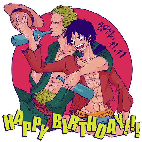 Anime picture 1024x1024 with one piece toei animation monkey d. luffy roronoa zoro motsuo short hair open mouth smile purple eyes holding purple hair eyes closed green hair inscription open clothes multiple boys teeth open shirt scar happy birthday