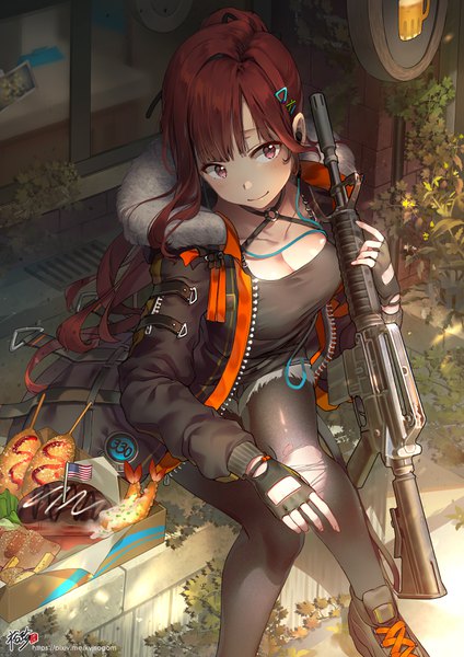 Anime picture 2480x3508 with original kyjsogom single long hair tall image blush fringe highres breasts red eyes sitting holding signed looking away cleavage ponytail red hair long sleeves open jacket fur trim