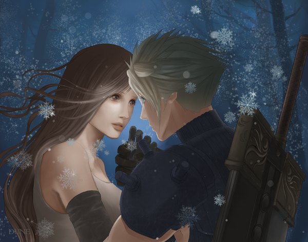 Anime picture 1200x943 with final fantasy final fantasy vii square enix tifa lockhart cloud strife yuu (dune) long hair short hair blue eyes blonde hair brown hair bare shoulders brown eyes signed from behind couple holding hands snowing dark background winter