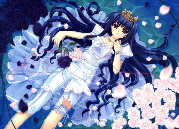 Anime picture 4796x3456 with nishimata aoi single long hair highres black hair purple eyes absurdres lying girl dress flower (flowers) bow petals water jewelry crown thread red thread