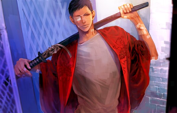 Anime picture 1200x771 with kuroko no basket production i.g aomine daiki tagme (artist) single looking at viewer short hair standing holding blue hair traditional clothes japanese clothes fingernails lips alternate costume weapon over shoulder boy weapon sword kimono