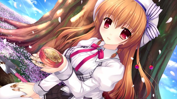 Anime picture 1280x720 with alia's carnival! asamiya shiina mitha single long hair looking at viewer blush open mouth red eyes brown hair wide image game cg girl thighhighs uniform school uniform petals white thighhighs beret