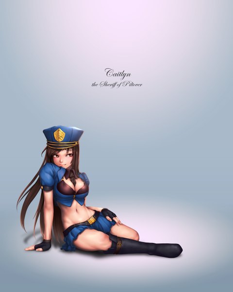 Anime picture 2000x2500 with league of legends caitlyn (league of legends) officer caitlyn ryun (artist) single long hair tall image highres breasts light erotic simple background brown hair brown eyes looking away light smile grey background bare belly girl skirt gloves