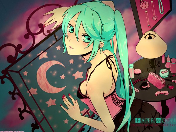 Anime picture 1600x1200 with vocaloid hatsune miku redjuice single long hair looking at viewer blush fringe hair between eyes twintails bare shoulders cleavage cloud (clouds) aqua eyes from above aqua hair girl star (symbol) pendant moon