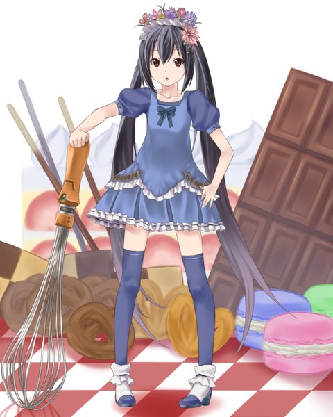 Anime picture 1024x1280 with k-on! kyoto animation nakano azusa needle (needlebomb) single long hair tall image black hair twintails brown eyes checkered floor girl thighhighs dress food frills sweets chocolate