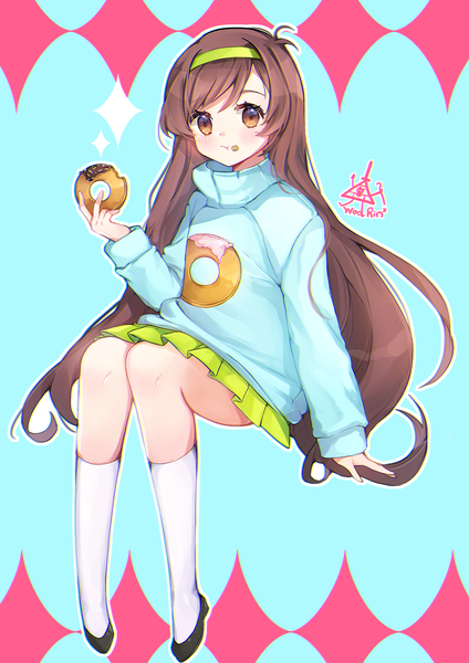 Anime picture 1050x1484 with gravity falls mabel pines woorin single long hair tall image looking at viewer brown hair sitting brown eyes signed full body pleated skirt blue background food on face girl skirt socks food white socks