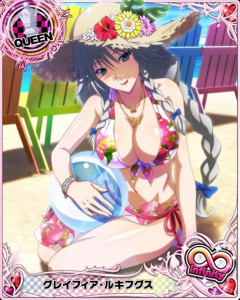 Anime picture 640x800 with highschool dxd grayfia lucifuge single long hair tall image looking at viewer breasts light erotic large breasts braid (braids) grey hair grey eyes beach card (medium) girl flower (flowers) bow swimsuit hair bow hat