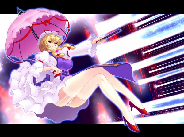 Anime picture 1000x749 with touhou yakumo yukari hanazuka ryouji single long hair light erotic blonde hair red eyes pantyshot legs girl thighhighs dress bow hair bow white thighhighs umbrella