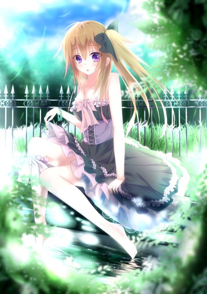 Anime picture 1158x1637 with original nagishiro mito single long hair tall image looking at viewer blush blonde hair purple eyes bare shoulders ponytail side ponytail girl dress bow plant (plants) hair bow water fence