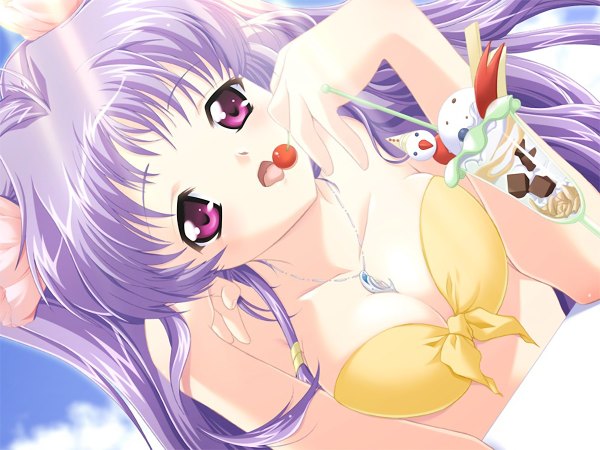 Anime picture 1200x900 with light erotic purple eyes game cg purple hair girl swimsuit bikini food sweets ice cream berry (berries) cherry