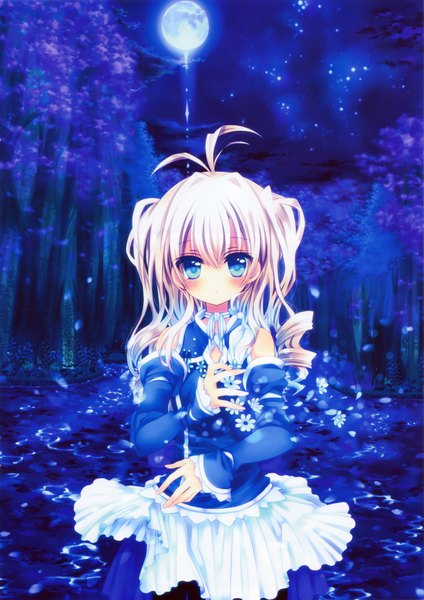 Anime picture 2566x3629 with original konno kengo single long hair tall image looking at viewer blush highres blue eyes blonde hair white hair long sleeves scan night blue background girl dress skirt flower (flowers) detached sleeves