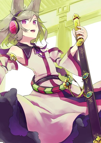 Anime picture 1000x1412 with touhou toyosatomimi no miko tai0201 single tall image short hair open mouth brown hair purple eyes animal ears from below alternate eye color girl dress weapon detached sleeves sword belt headphones