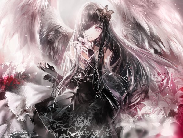 Anime picture 1200x910 with original juexing (moemoe3345) single long hair looking at viewer blush black hair smile bare shoulders hair flower angel wings silver eyes girl dress gloves hair ornament flower (flowers) plant (plants) wings black gloves