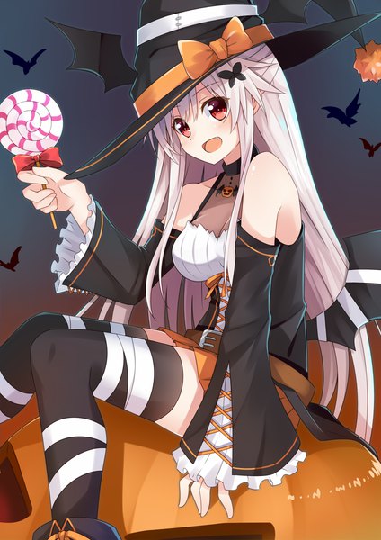 Anime picture 849x1200 with original etna (kuzuyu) rivier (kuzuyu) komori kuzuyu single long hair tall image looking at viewer blush open mouth red eyes sitting bare shoulders holding cleavage white hair fang (fangs) halloween half updo knees together feet apart