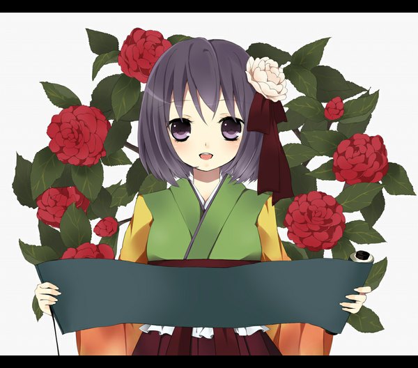 Anime picture 1000x881 with touhou hieda no akyuu purin jiisan single looking at viewer short hair open mouth black hair purple eyes traditional clothes girl flower (flowers) scroll