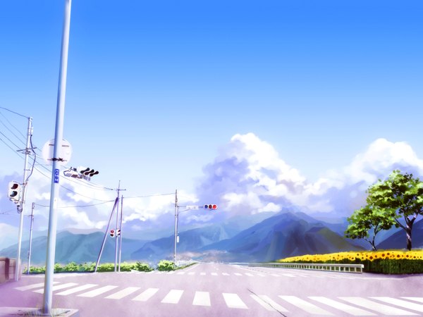Anime picture 1600x1200 with asano moi sky cloud (clouds) mountain landscape summer field crosswalk plant (plants) tree (trees) sunflower road traffic sign traffic lights