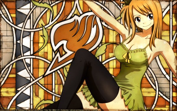 Anime picture 2560x1600 with fairy tail lucy heartfilia single long hair fringe highres breasts blonde hair smile wide image large breasts sitting bare shoulders brown eyes signed cleavage bent knee (knees) arm up armpit (armpits) copyright name