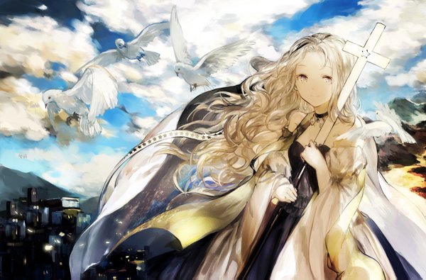 Anime picture 1200x791 with original juexing (moemoe3345) single long hair blonde hair smile purple eyes bare shoulders sky cloud (clouds) city landscape girl dress animal bird (birds) cross strapless dress pigeon