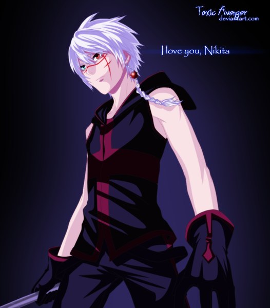 Anime picture 1000x1140 with seikon no qwaser aleksander nikolaevich hell toxicavenger97 single tall image short hair bare shoulders white hair braid (braids) inscription heterochromia coloring dark background boy gloves hair ornament weapon earrings