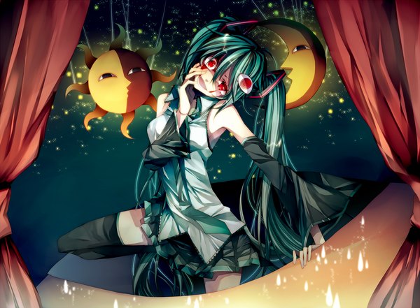Anime picture 1700x1250 with vocaloid hatsune miku tsukioka tsukiho long hair red eyes twintails green hair girl thighhighs skirt moon blood star (stars)