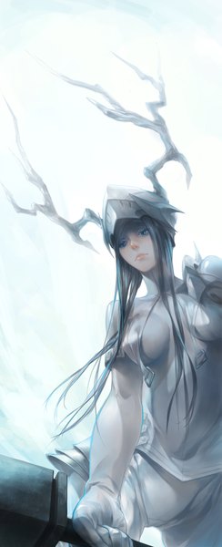 Anime picture 815x2000 with original pixiv fantasia pixiv fantasia new world luode (tftaylortsui) single long hair tall image breasts blue eyes light erotic black hair simple background large breasts white background holding looking away horn (horns) from below girl weapon