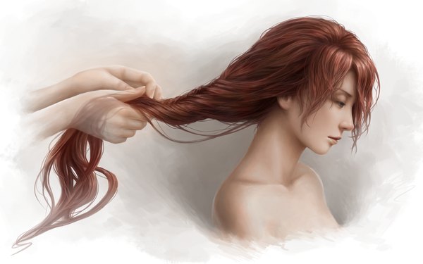 Anime picture 1279x800 with jxbp long hair simple background brown hair wide image braid (braids) profile realistic grey background grey eyes single braid topless ghost girl hands
