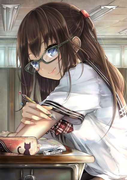 Anime picture 1000x1414 with original pisuke single long hair tall image looking at viewer blue eyes brown hair sitting light smile classroom girl uniform school uniform glasses bowtie pen notebook eraser pencil case