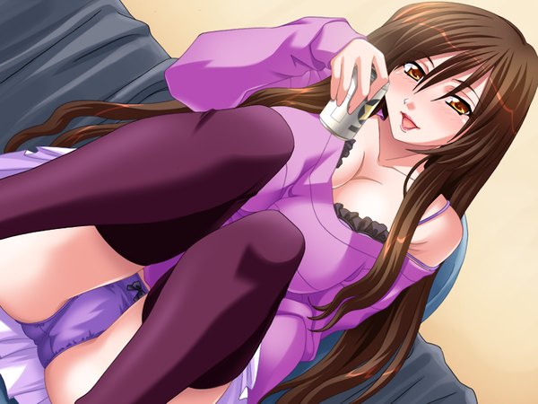 Anime picture 1200x900 with musabetsu renai (game) long hair light erotic brown hair yellow eyes game cg pantyshot sitting girl thighhighs underwear panties