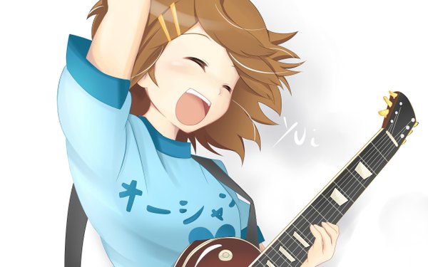 Anime picture 2560x1600 with k-on! kyoto animation hirasawa yui evangelline (aartist) single highres short hair open mouth brown hair wide image eyes closed clothes writing girl hair ornament t-shirt guitar