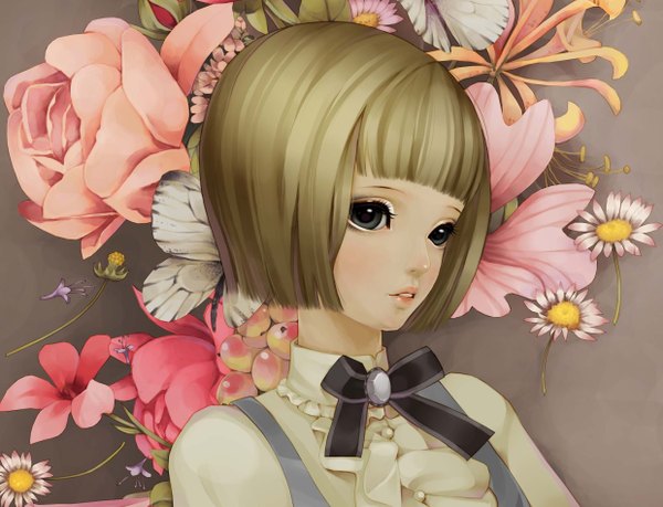 Anime picture 2480x1900 with original dong xiao single fringe highres short hair blonde hair grey background grey eyes face girl flower (flowers) bow ribbon (ribbons) insect butterfly blouse clothes chamomile peony
