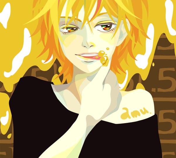 Anime picture 1280x1151 with nico nico douga pointfive(.5) amu (pointfive) mitsu (artist) blonde hair smile bare shoulders yellow eyes nail polish finger licking boy tongue bubble (bubbles)