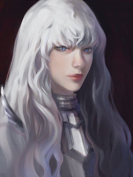 Anime picture 693x921 with berserk griffith mr.jj single long hair tall image blush fringe blue eyes simple background looking away upper body white hair lips portrait brown background boy armor
