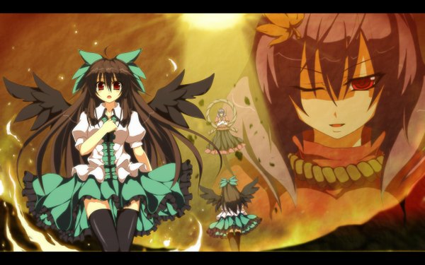 Anime picture 1280x800 with touhou reiuji utsuho yasaka kanako guriserin (artist) long hair black hair red eyes wide image one eye closed wink from behind letterboxed girl thighhighs dress bow black thighhighs hair bow wings rope