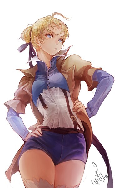 Anime picture 572x900 with original hyun single tall image looking at viewer short hair blue eyes simple background blonde hair white background signed from below hair bun (hair buns) dated hands on hips girl thighhighs ribbon (ribbons) hair ribbon white thighhighs