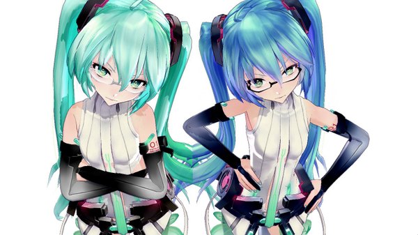 Anime picture 1600x900 with vocaloid vocaloid append hatsune miku hatsune miku (append) long hair looking at viewer simple background wide image white background twintails bare shoulders multiple girls blue hair aqua eyes green hair light smile aqua hair tattoo crossed arms siblings