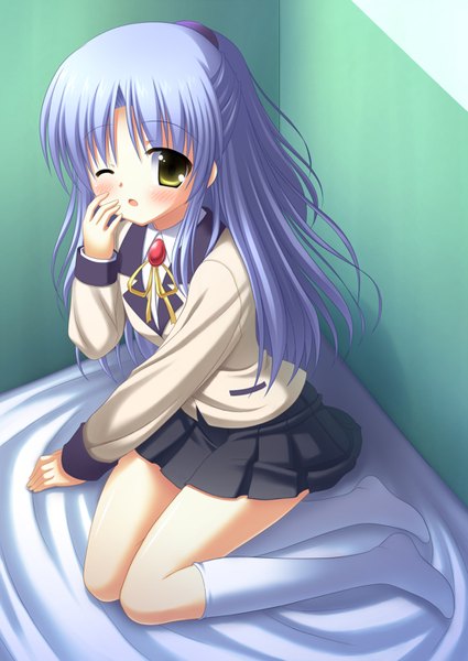 Anime picture 1024x1446 with angel beats! key (studio) tachibana kanade hinata keiichi single long hair tall image blush open mouth sitting yellow eyes silver hair one eye closed wink girl uniform school uniform socks white socks wall