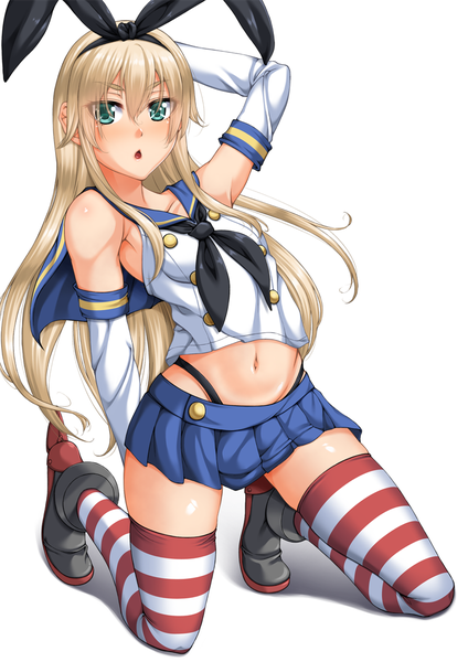 Anime picture 744x1052 with kantai collection shimakaze destroyer chiro (pixiv) single long hair tall image blush fringe open mouth light erotic simple background blonde hair hair between eyes white background full body aqua eyes midriff zettai ryouiki arm behind head sailor collar
