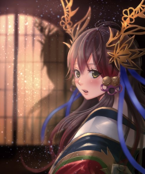 Anime picture 1500x1800 with puzzle & dragons tsubaki (puzzle & dragons) sho (shoichi-kokubun) single long hair tall image blush fringe brown hair twintails green eyes looking away upper body ahoge traditional clothes japanese clothes horn (horns) night shadow floating hair