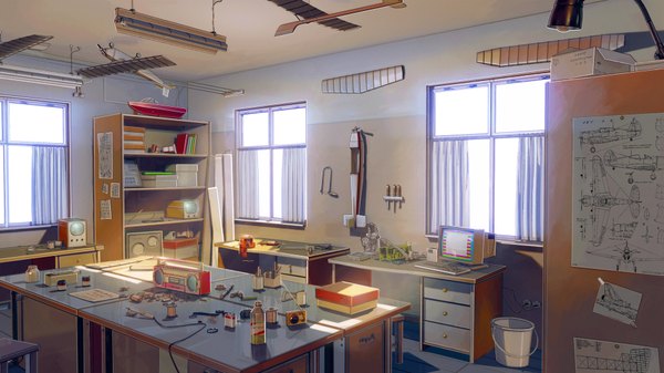 Anime picture 1920x1080 with everlasting summer iichan eroge arsenixc vvcephei highres wide image game cg indoors sunlight wallpaper no people collaboration window table bottle paper desk room aircraft airplane