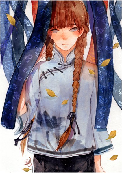 Anime picture 1000x1420 with original mei (artist) single long hair tall image looking at viewer blush fringe brown hair braid (braids) traditional clothes mole grey eyes mole under eye twin braids traditional media watercolor (medium) girl ribbon (ribbons) hair ribbon