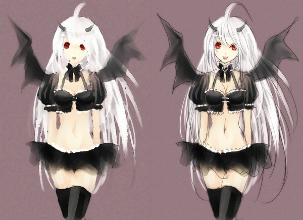 Anime picture 1100x800 with fantasy earth zero fraise (artist) single long hair open mouth light erotic simple background smile red eyes white hair horn (horns) grey hair hands behind back bat wings zoom layer demon girl thighhighs navel underwear