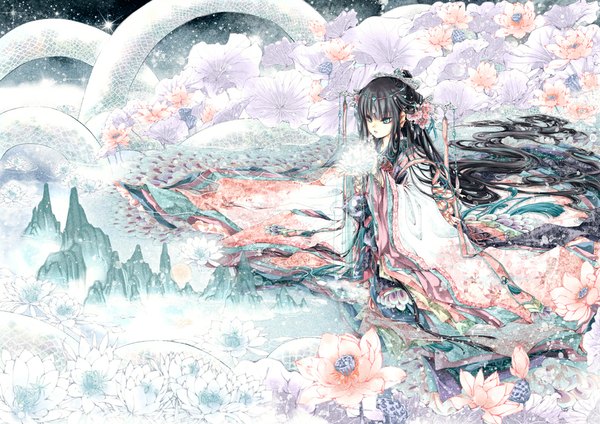 Anime picture 1000x707 with loiza single fringe black hair very long hair traditional clothes japanese clothes aqua eyes mountain girl hair ornament flower (flowers) water star (stars)