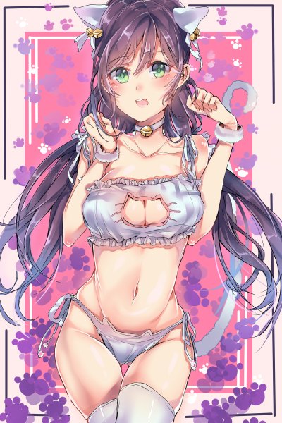 Anime picture 800x1200 with love live! school idol project sunrise (studio) love live! toujou nozomi takitou single tall image looking at viewer blush fringe open mouth light erotic hair between eyes twintails green eyes animal ears purple hair cat ears bare belly cat girl