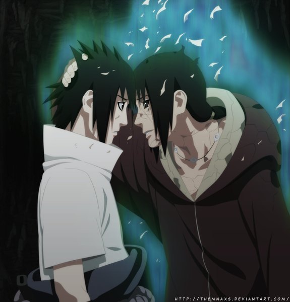 Anime picture 1200x1252 with naruto studio pierrot naruto (series) uchiha sasuke uchiha itachi themnaxs tall image short hair black hair profile black eyes grey eyes coloring face to face eye contact akatsuki boy cloak