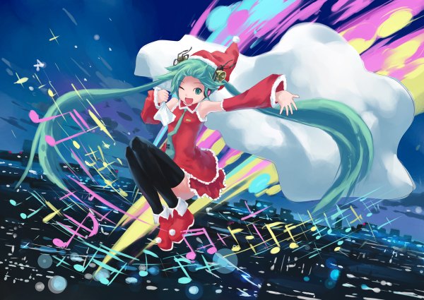 Anime picture 1200x850 with vocaloid hatsune miku tagme (artist) long hair open mouth twintails one eye closed wink aqua hair night christmas music girl detached sleeves bell bag suit santa claus costume musical note