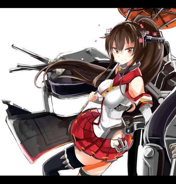 Anime picture 2406x2500 with kantai collection yamato super battleship yamato (kantai collection) haik single tall image looking at viewer highres simple background brown hair white background bare shoulders brown eyes ponytail hair flower light smile zettai ryouiki girl thighhighs skirt